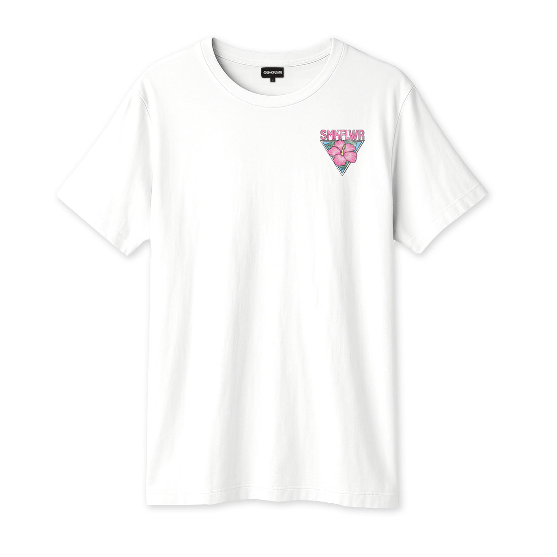 White tee with Hibiscus art (front)